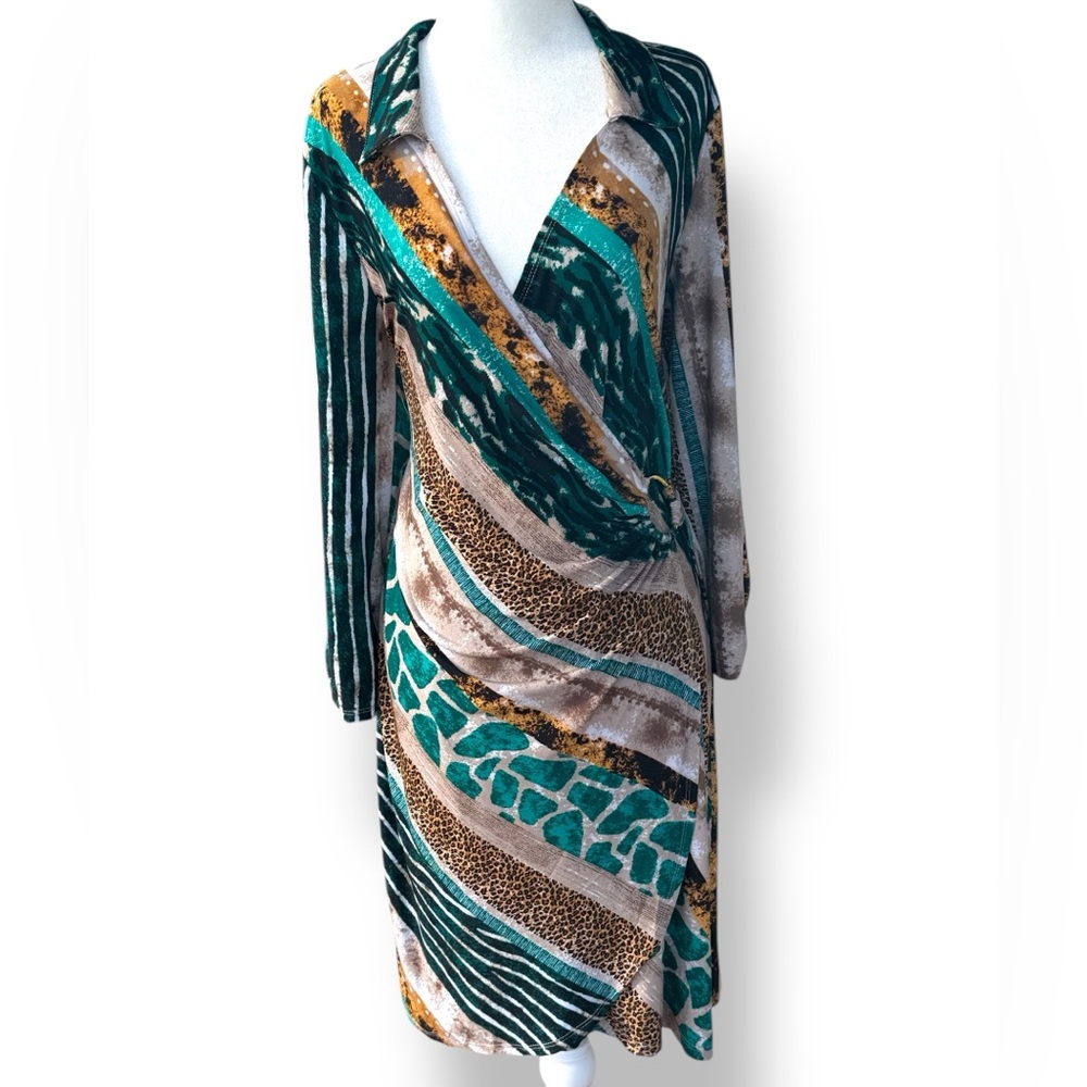 Glamour Women's Wrap‎ Midi Dress Size 12 Animal Print Surplice Neck Collared